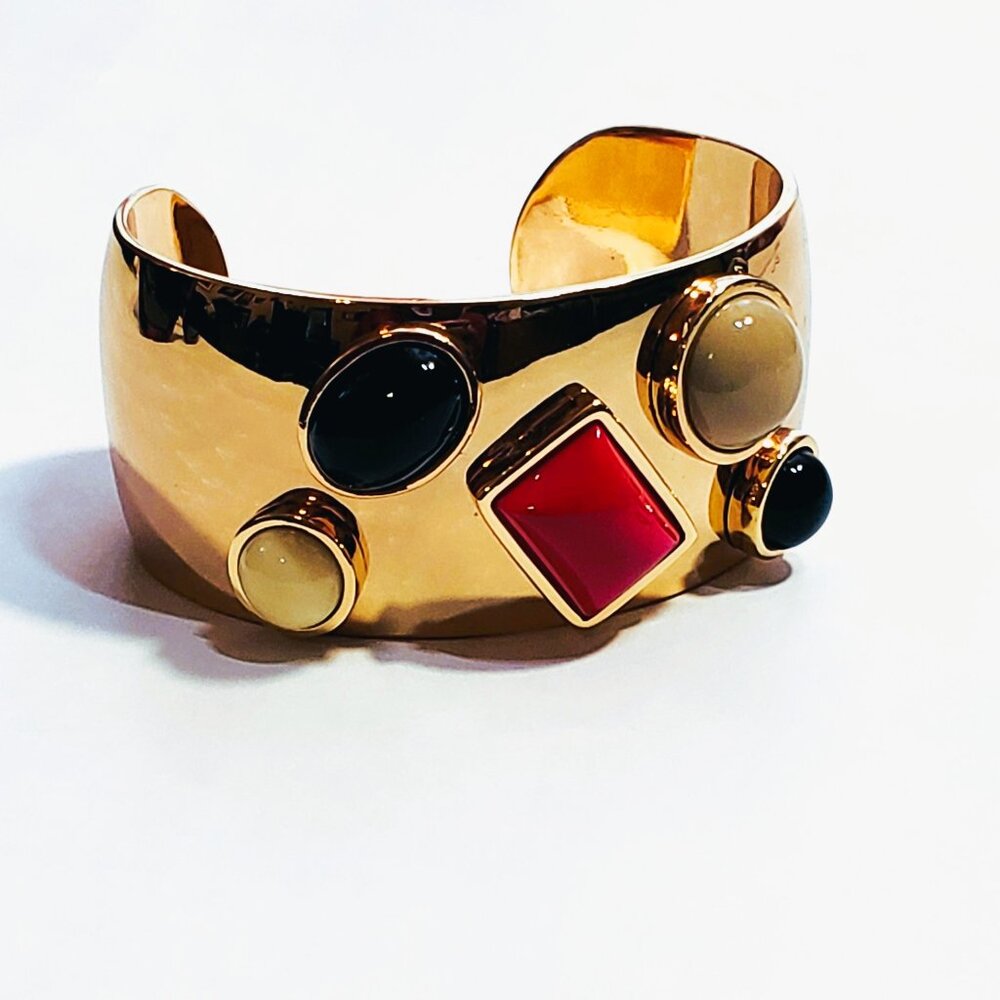 RARE Trina Turk Luminous Gold Cuff | Faux Coral + Earth tone + Onyx Cabochons |